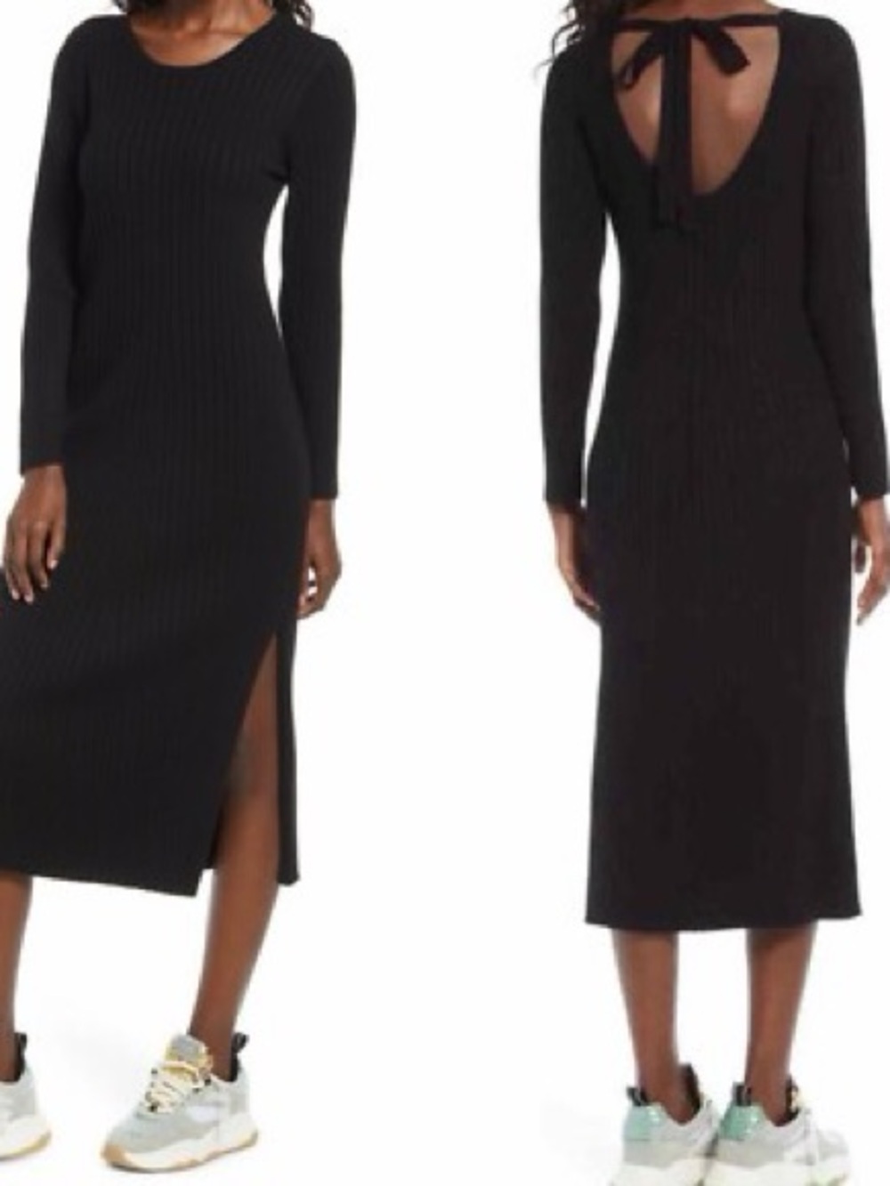 WAYF Dede x Emily Black Ribbed Sweater Midi Dress Size S